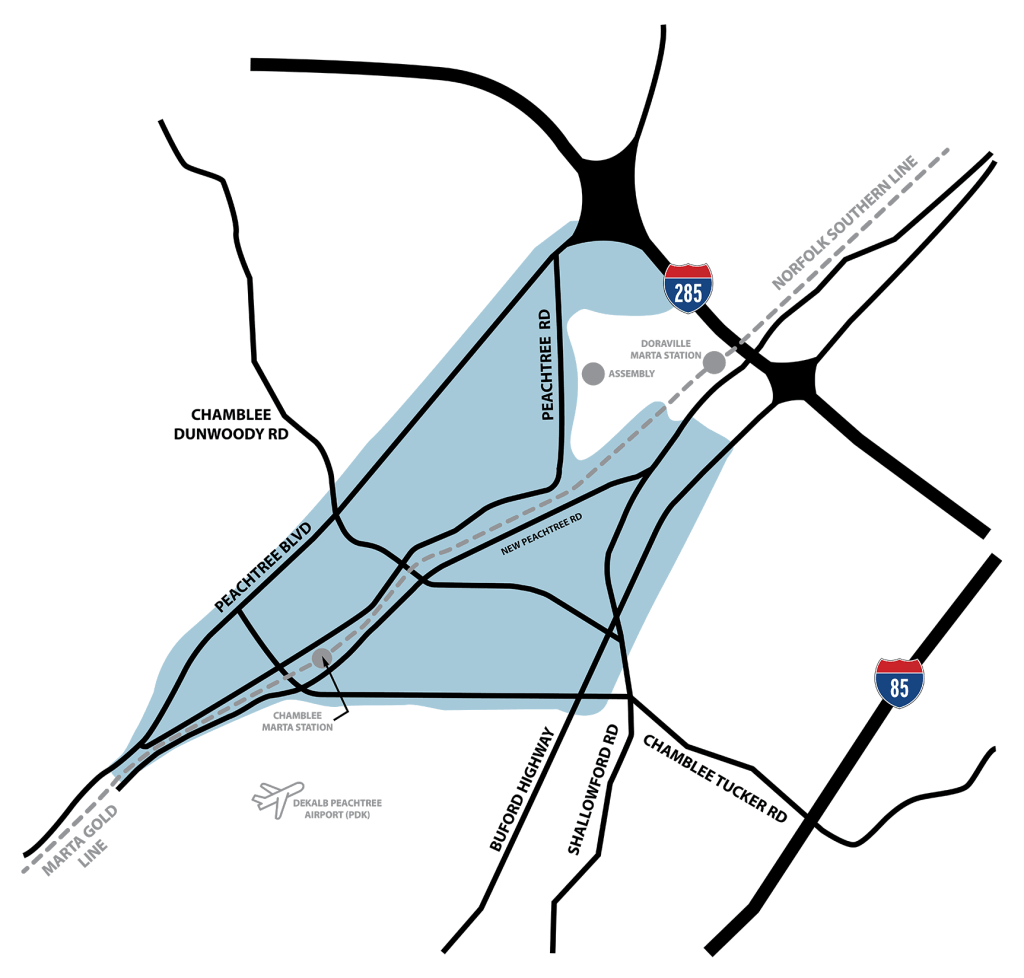 Map of the general area of the Chamblee Doraville CID: Peachtree Boulevard on the west, Buford Highway on the east, I-285 and Assembly on the north, and Chamblee Tucker Road on the south.